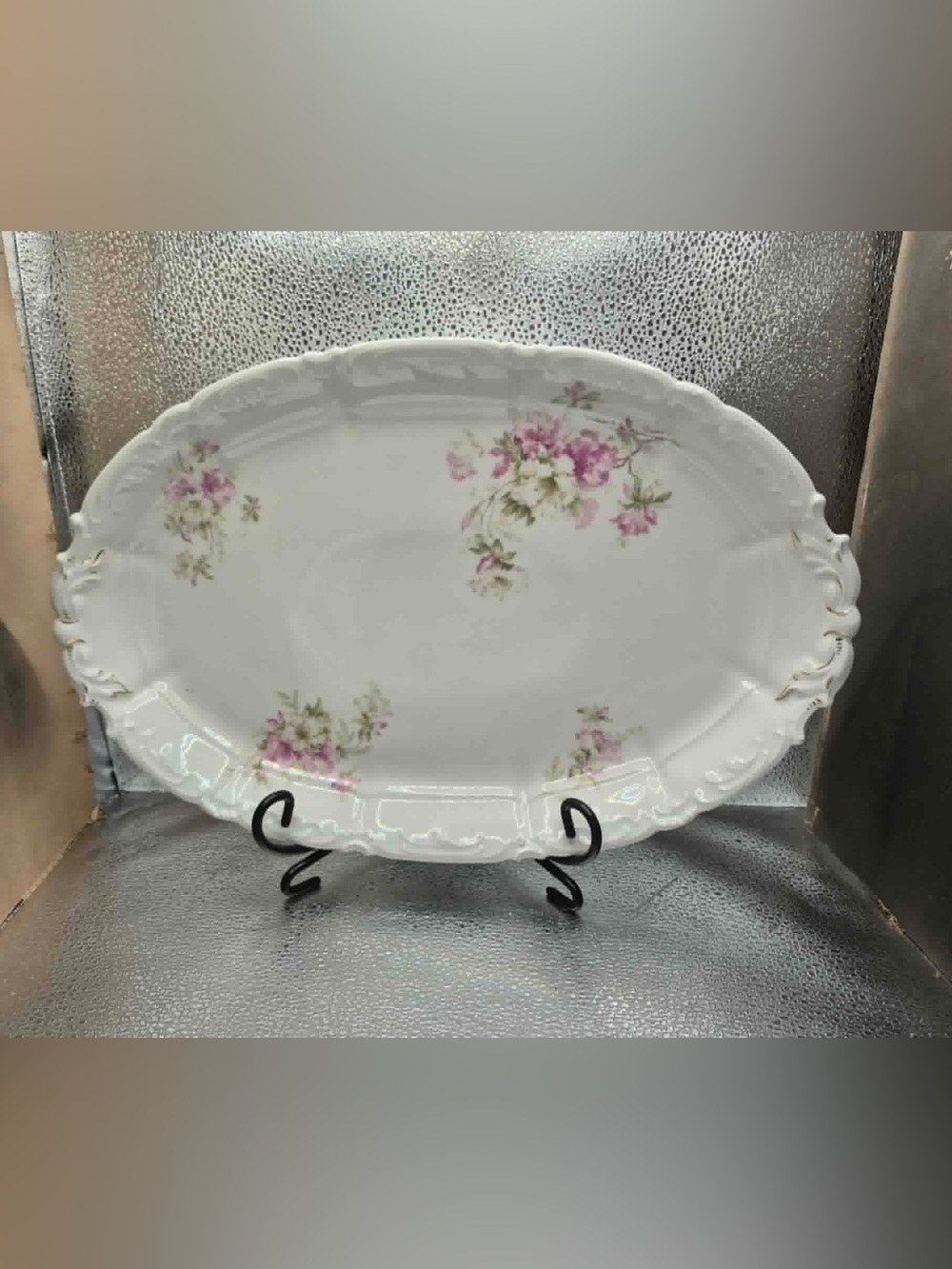 Weimar Germany Antique Porcelain Victorian Serving Platter Oval with Pink Roses